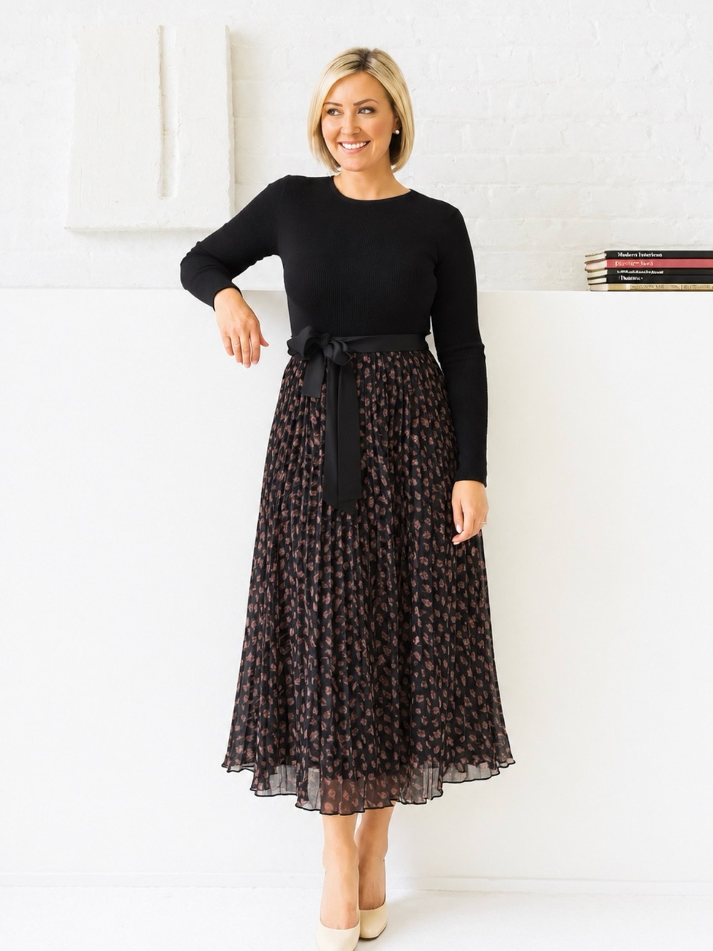 Ever new New Mila Pleated Midi Dress Black & Brown